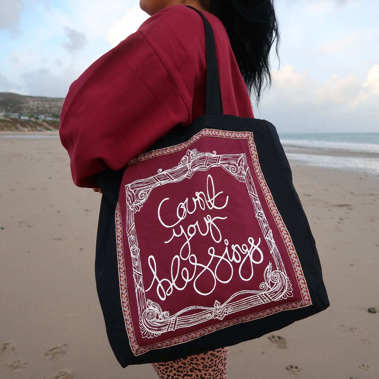 count your blessings tote bag - burgundy
