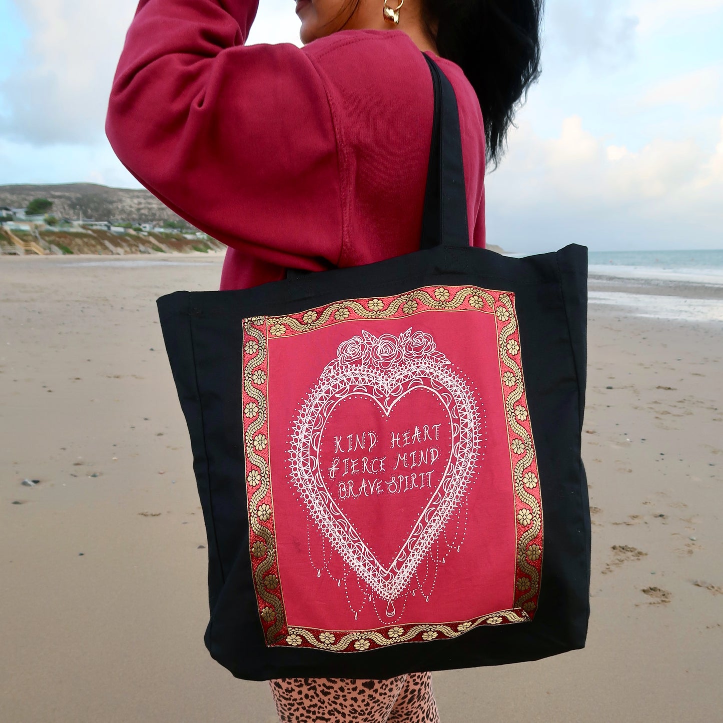 kind heart, fierce mind, brave spirit tote bag - red