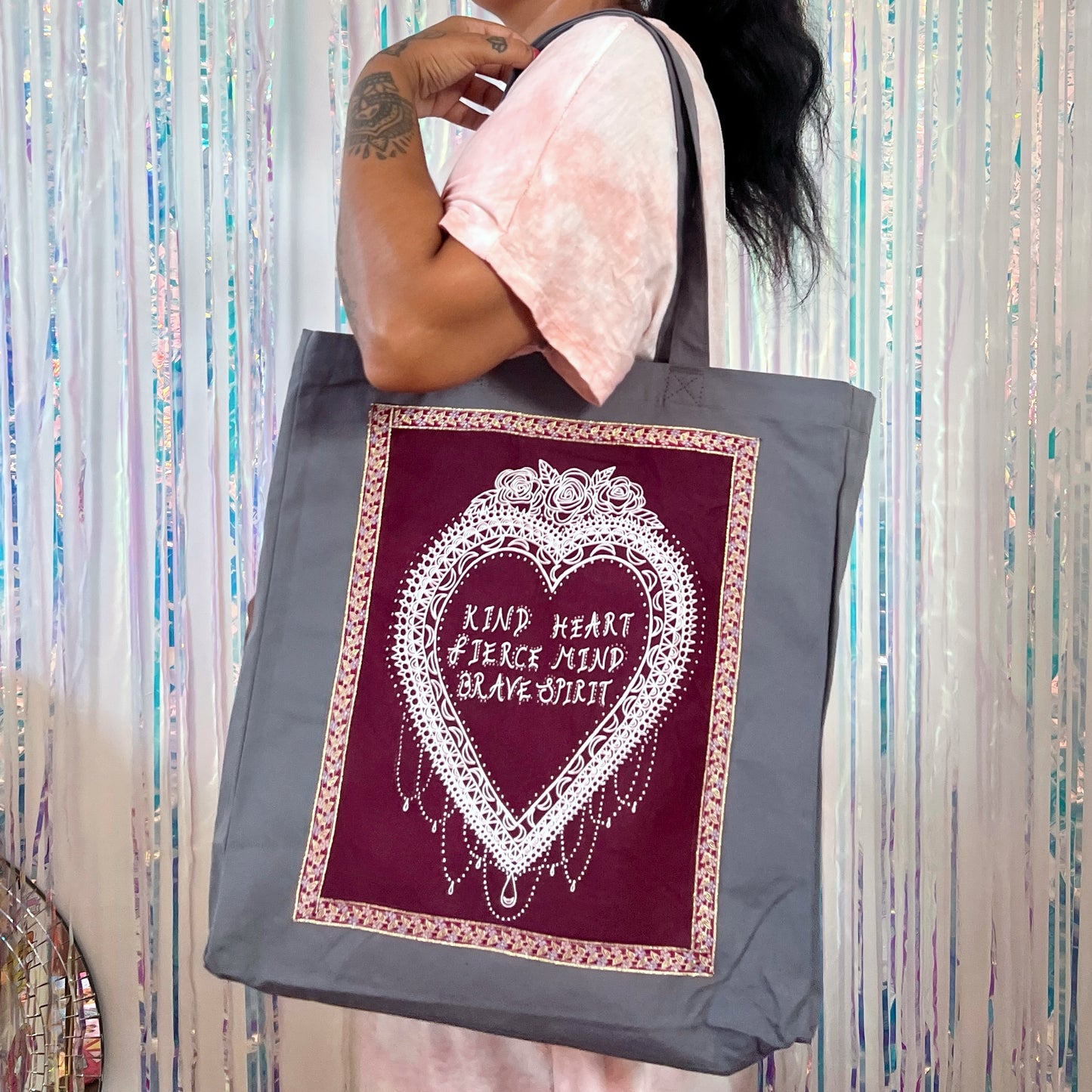 kind heart, fierce mind, brave spirit tote bag - burgundy