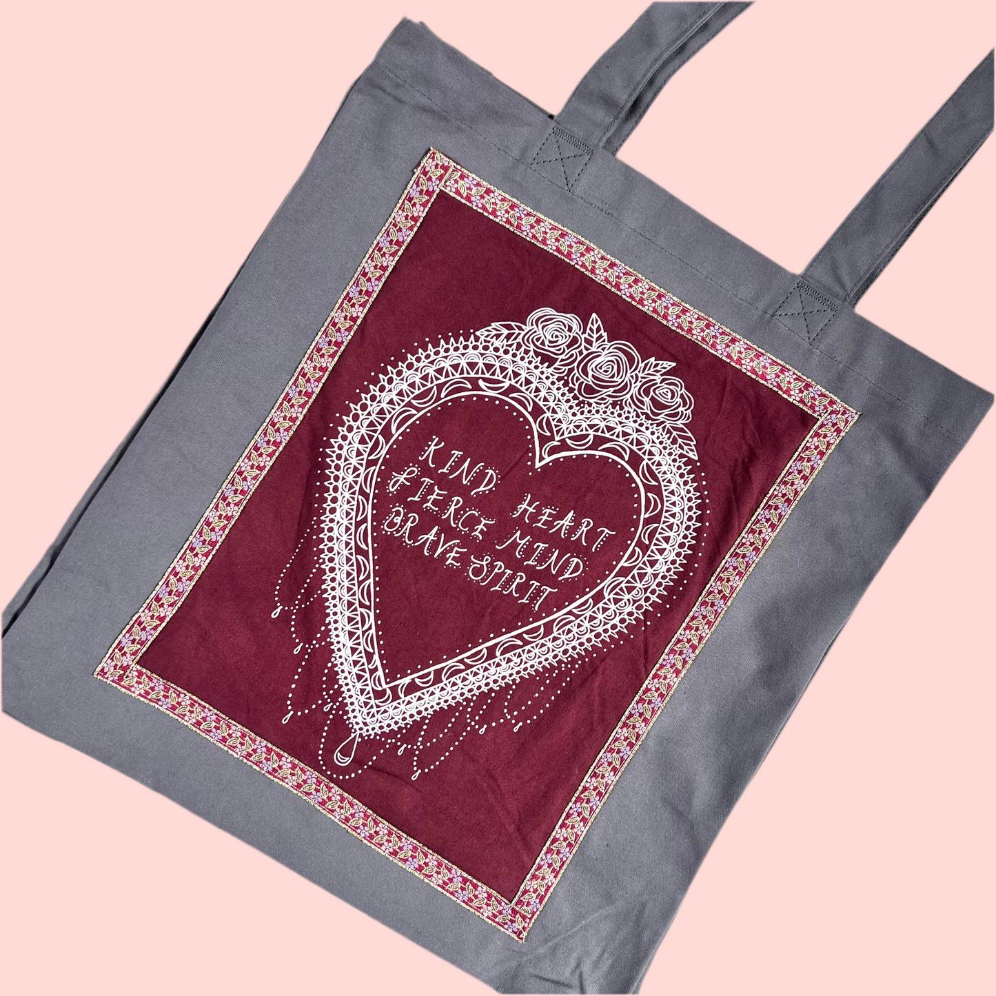 kind heart, fierce mind, brave spirit tote bag - burgundy