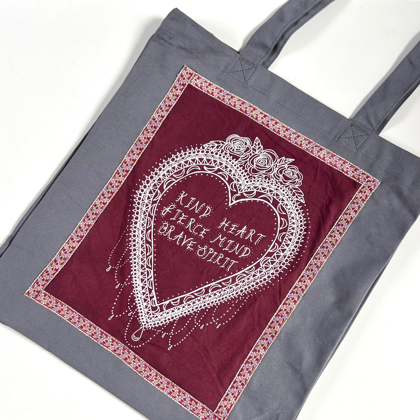 kind heart, fierce mind, brave spirit tote bag - burgundy