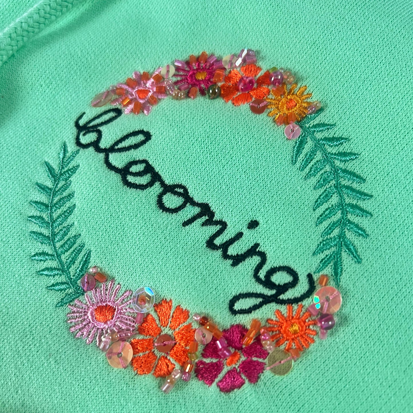 blooming hand-embellished zip-up hoodie - mint