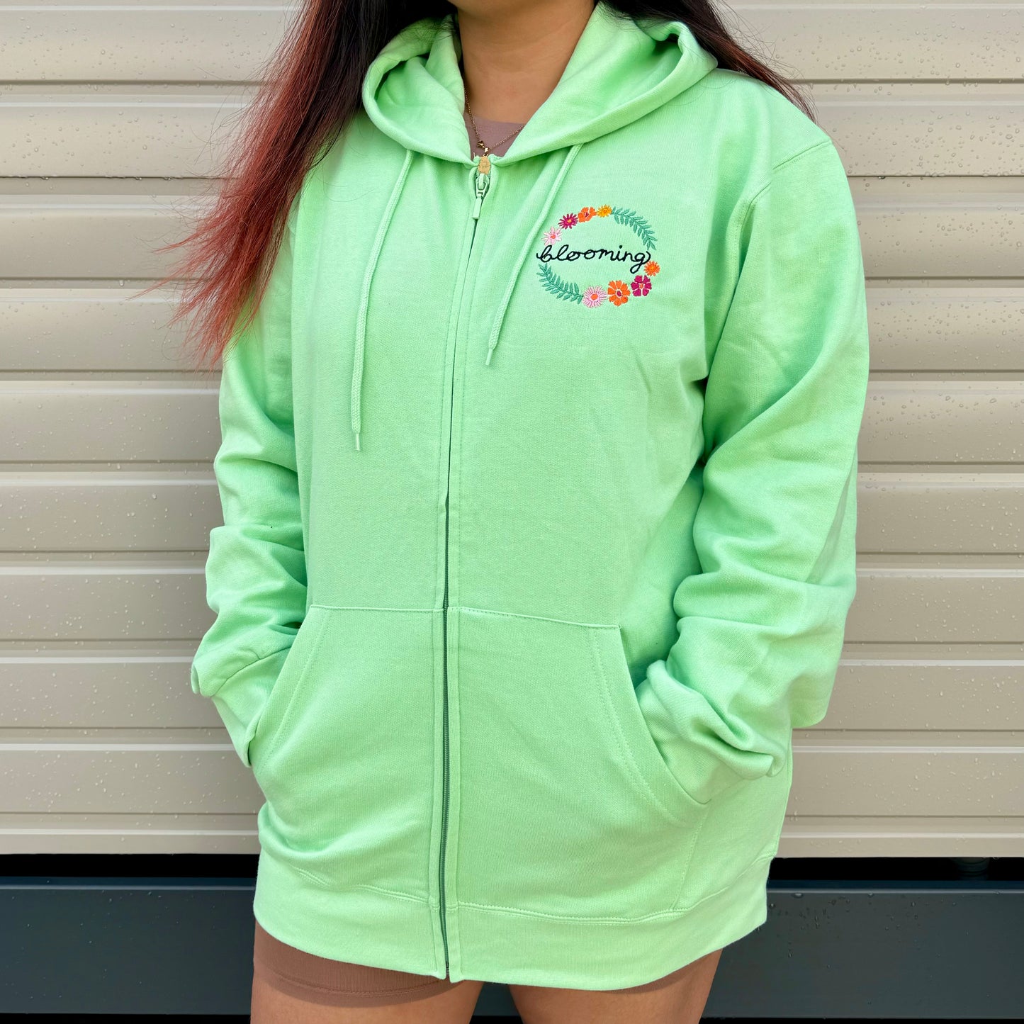 blooming embroidered zip-up hoodie - mint