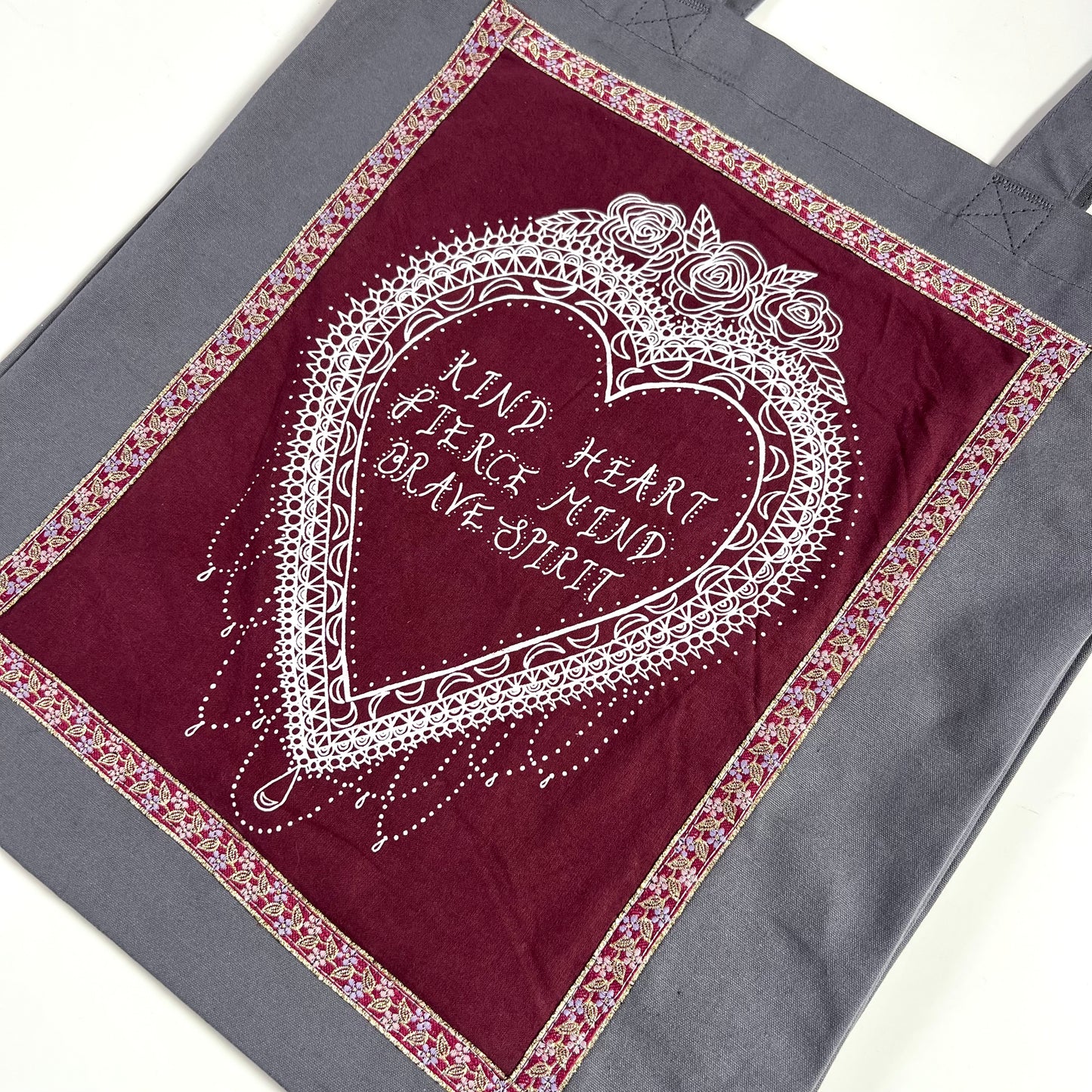 kind heart, fierce mind, brave spirit tote bag - burgundy