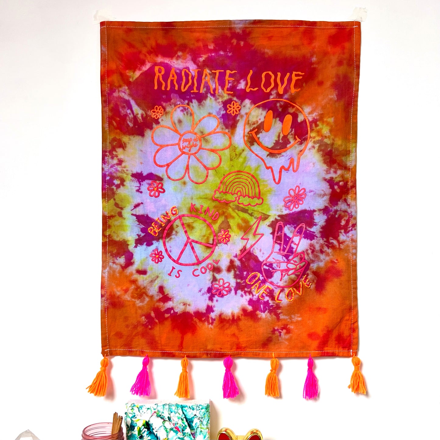 hippie heart tie dye wall hanging - sunset