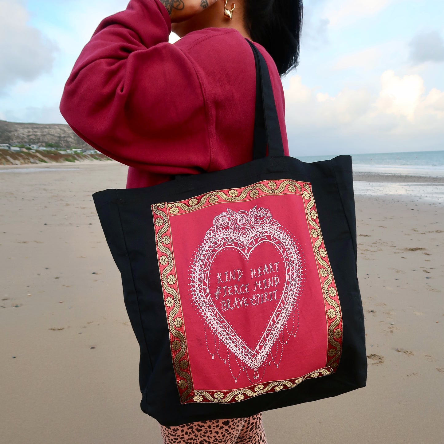 kind heart, fierce mind, brave spirit tote bag - red