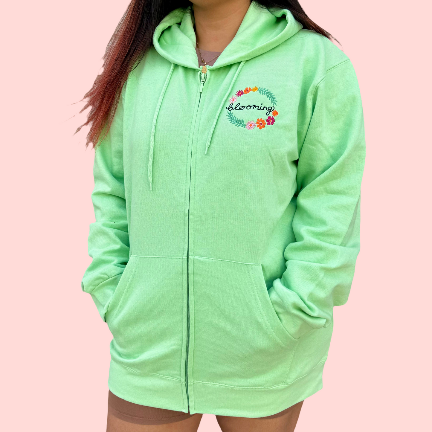 blooming hand-embellished zip-up hoodie - mint