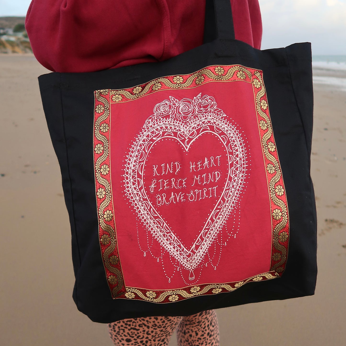 kind heart, fierce mind, brave spirit tote bag - red