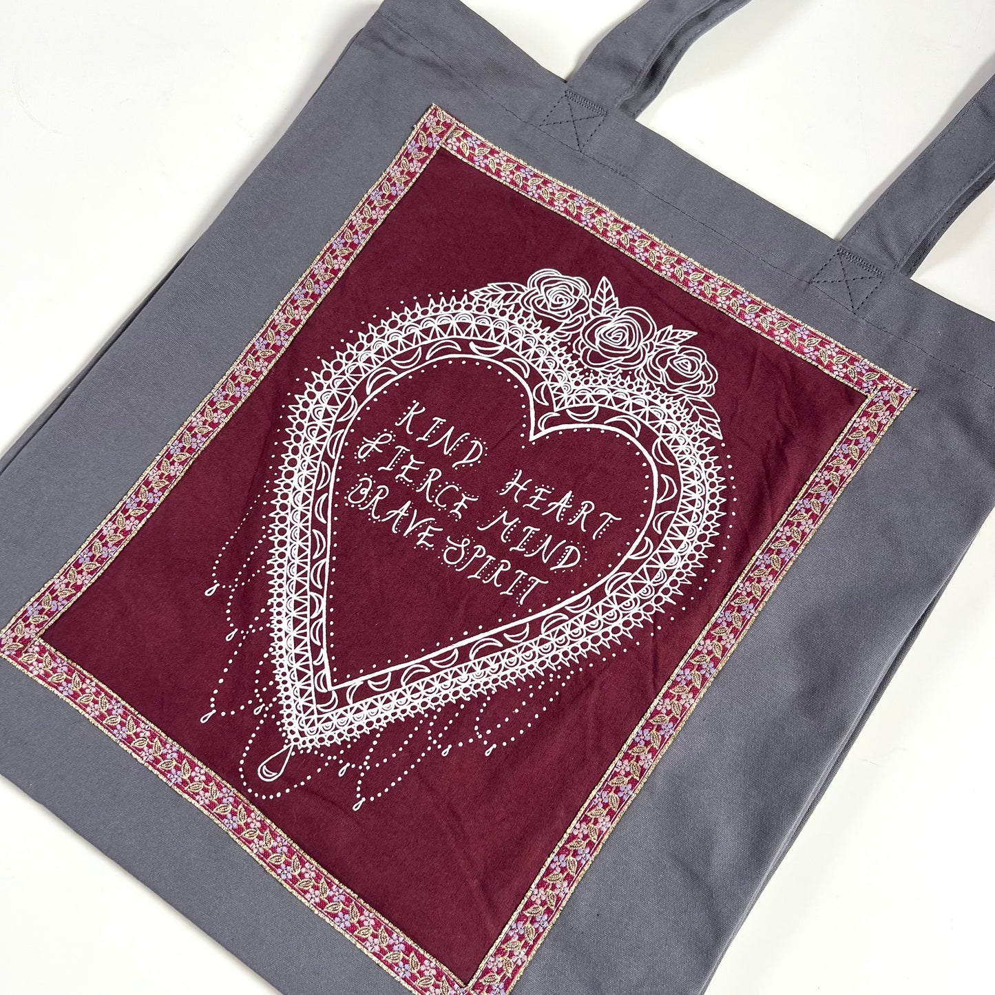 kind heart, fierce mind, brave spirit tote bag - burgundy