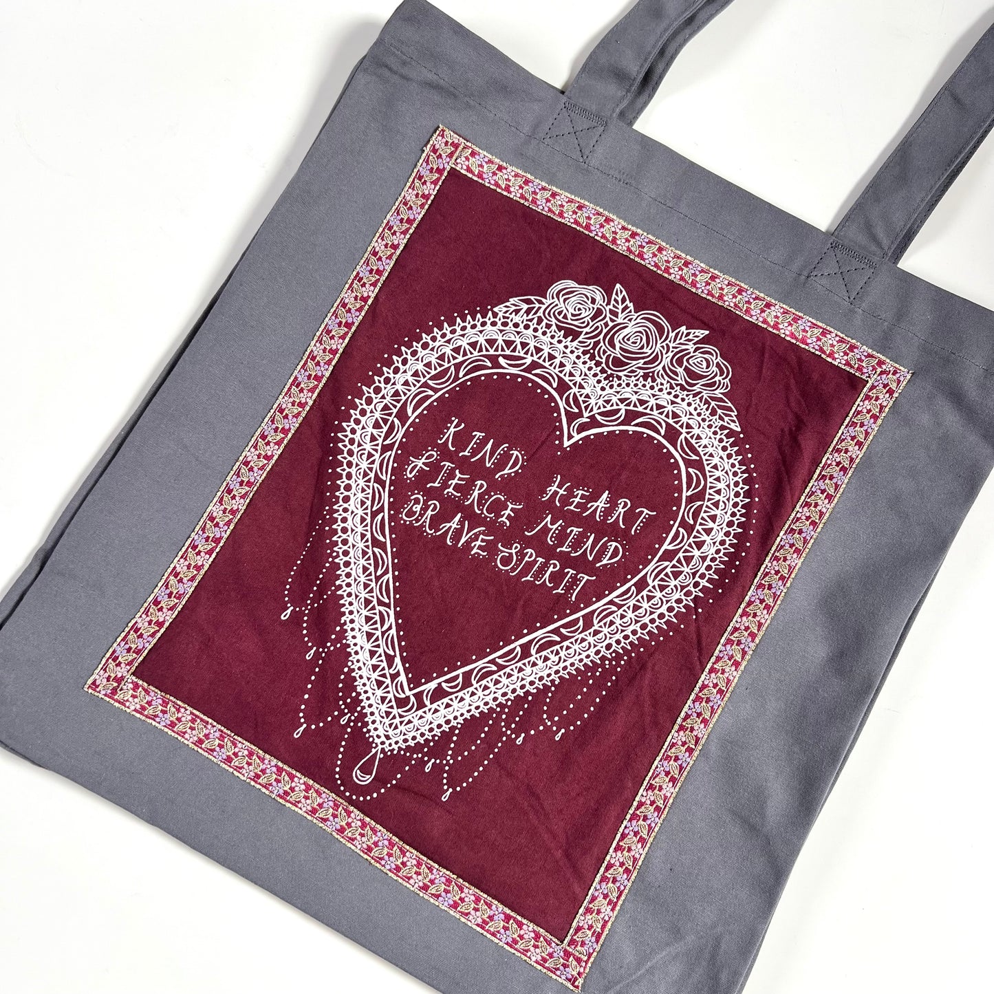 kind heart, fierce mind, brave spirit tote bag - burgundy