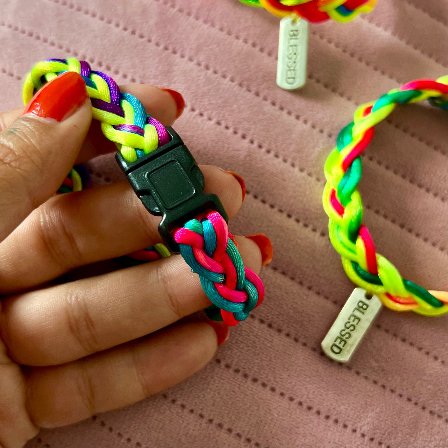 neon plaited bracelets - blessed