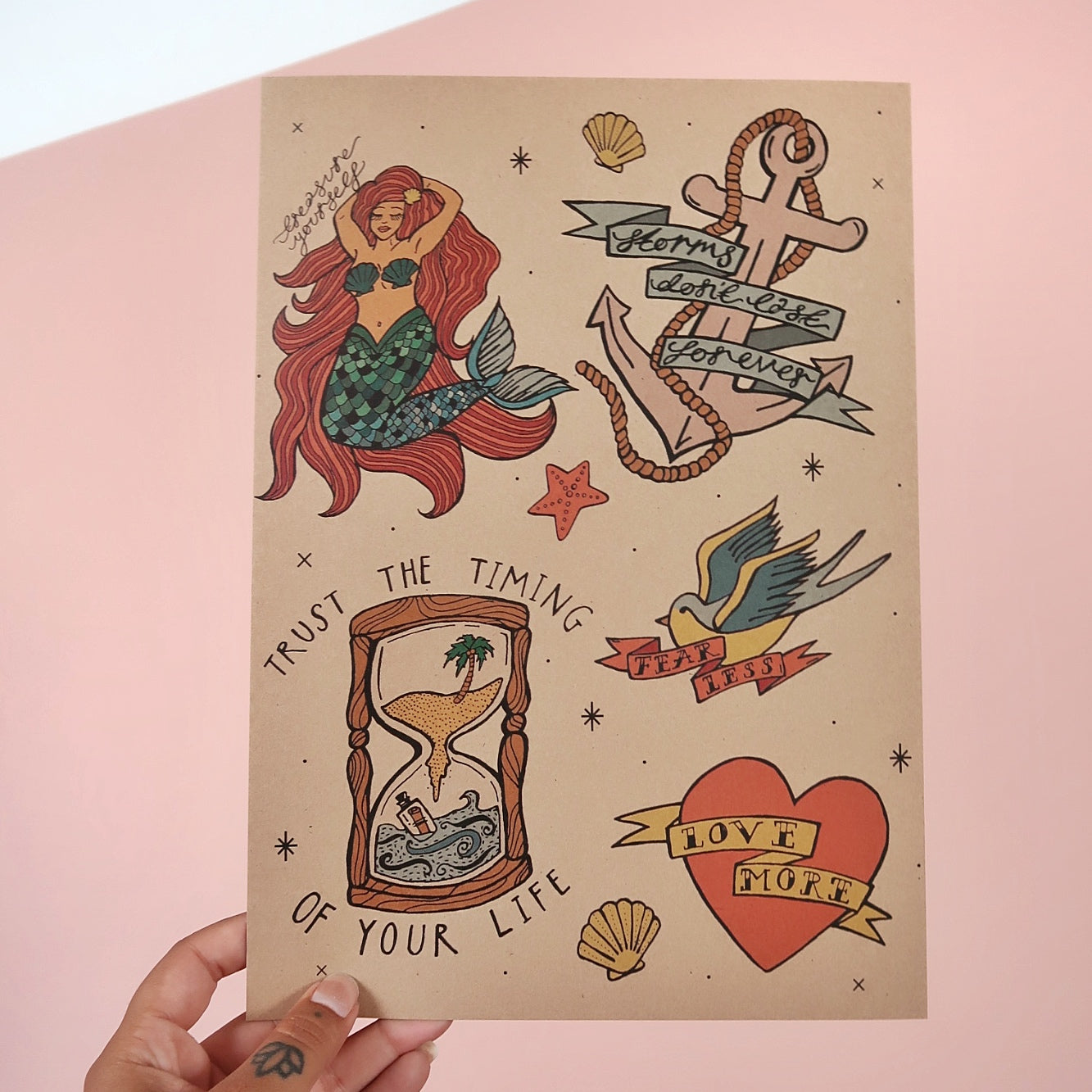 nautical tattoo flash sheet - A4 print - brown card