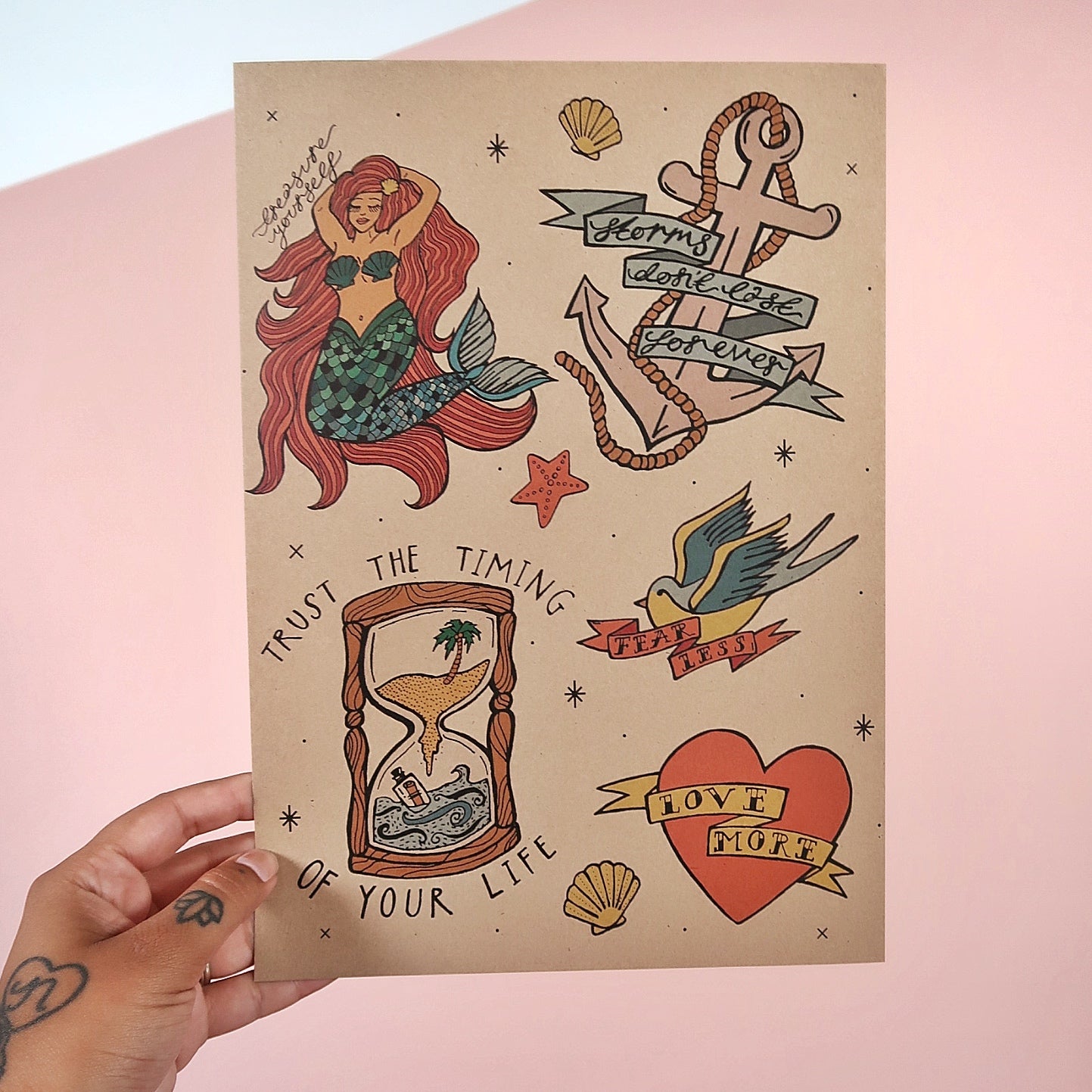 nautical tattoo flash sheet - A4 print - brown card