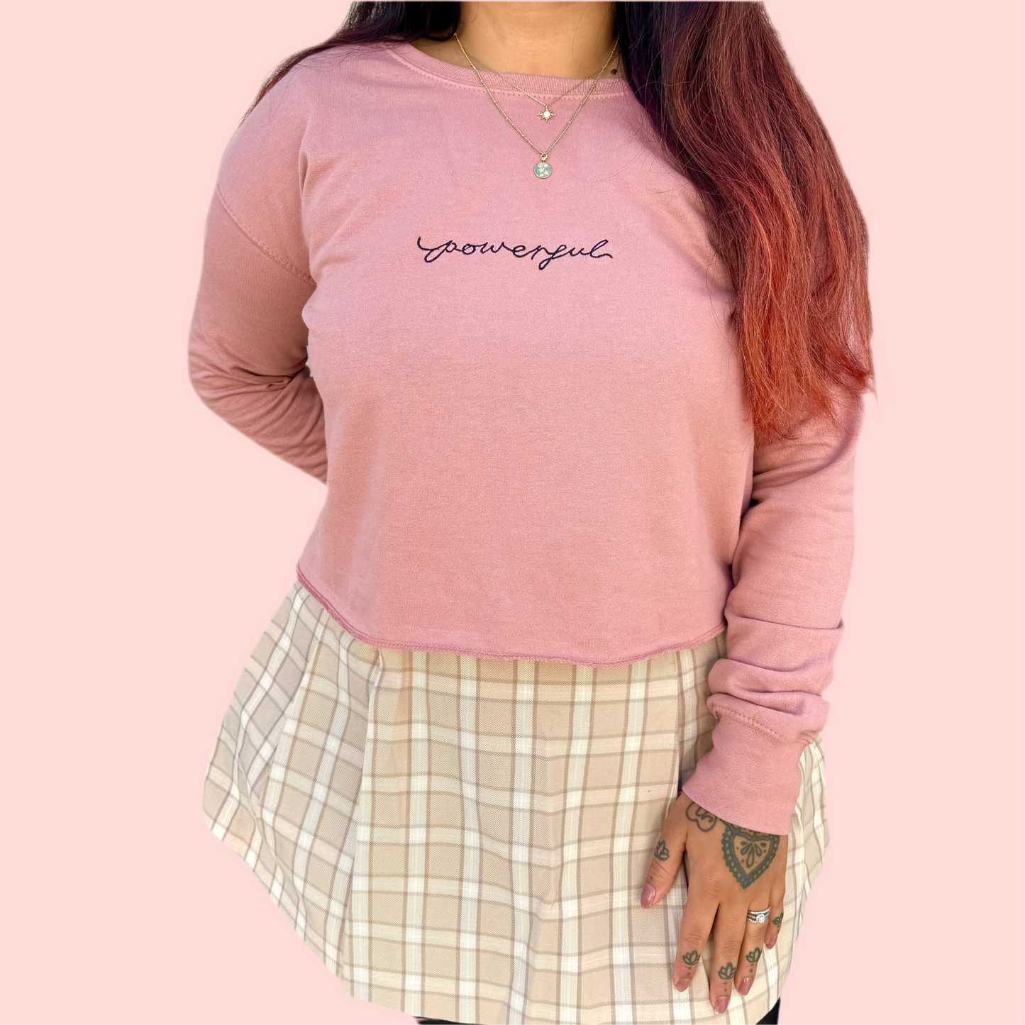 powerful embroidered crop sweatshirt - dusky pink
