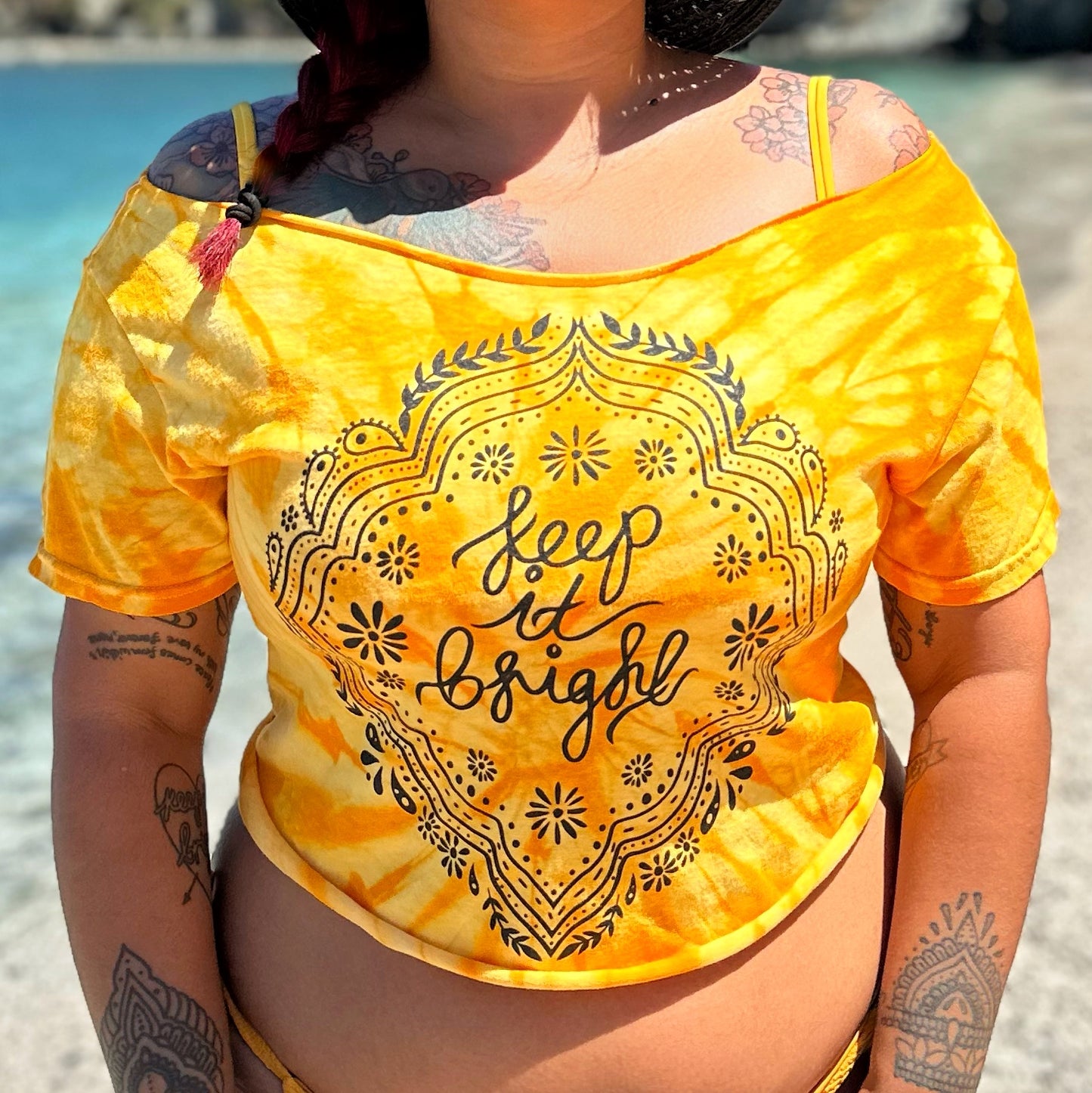 keep it bright tie-dye off shoulder crop top