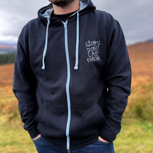 storms don’t last forever embroidered zip-up hoodie