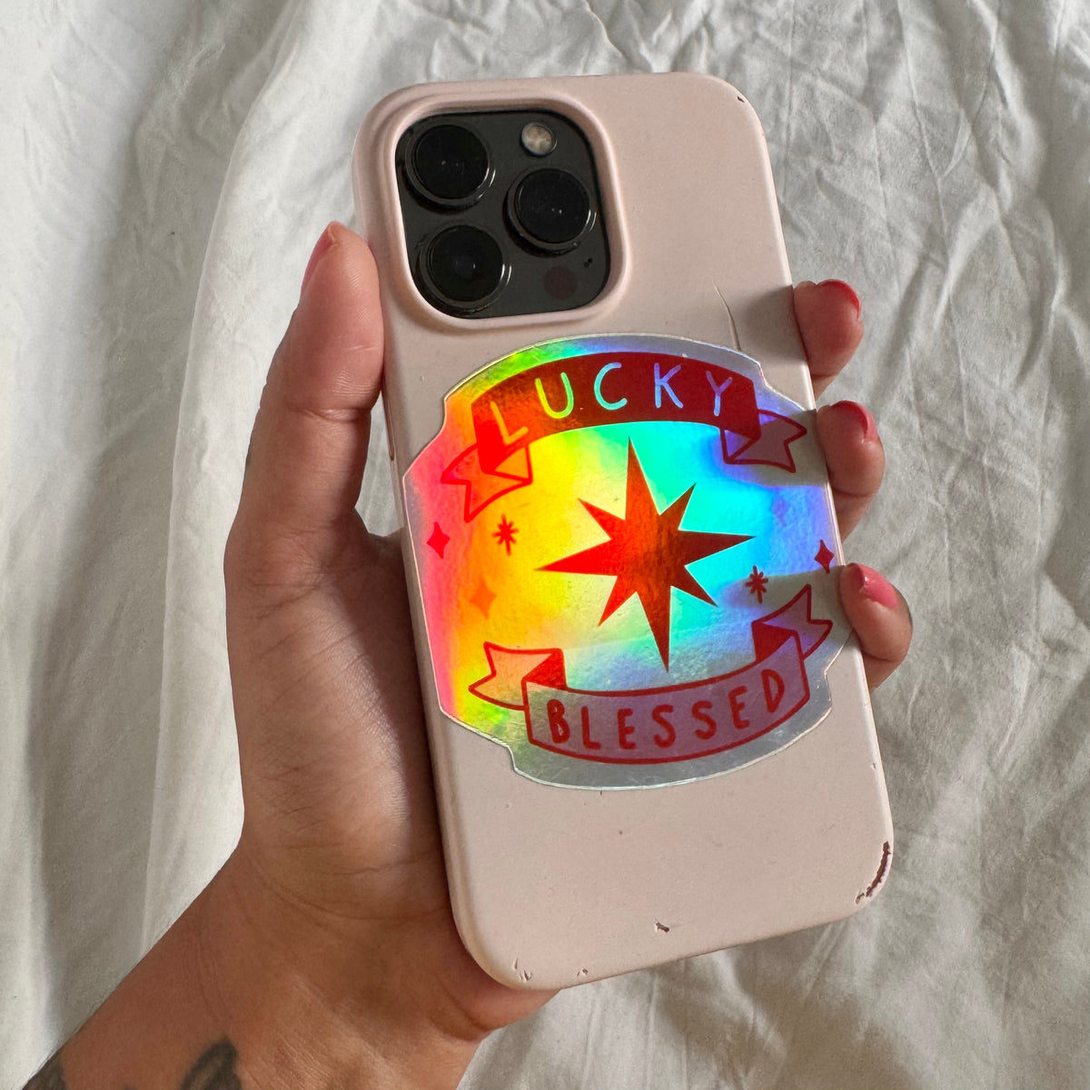 lucky & blessed holographic sticker