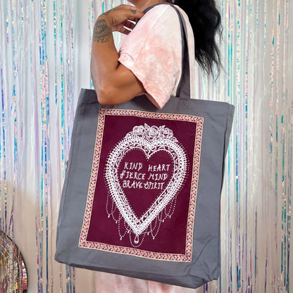 kind heart, fierce mind, brave spirit tote bag - burgundy