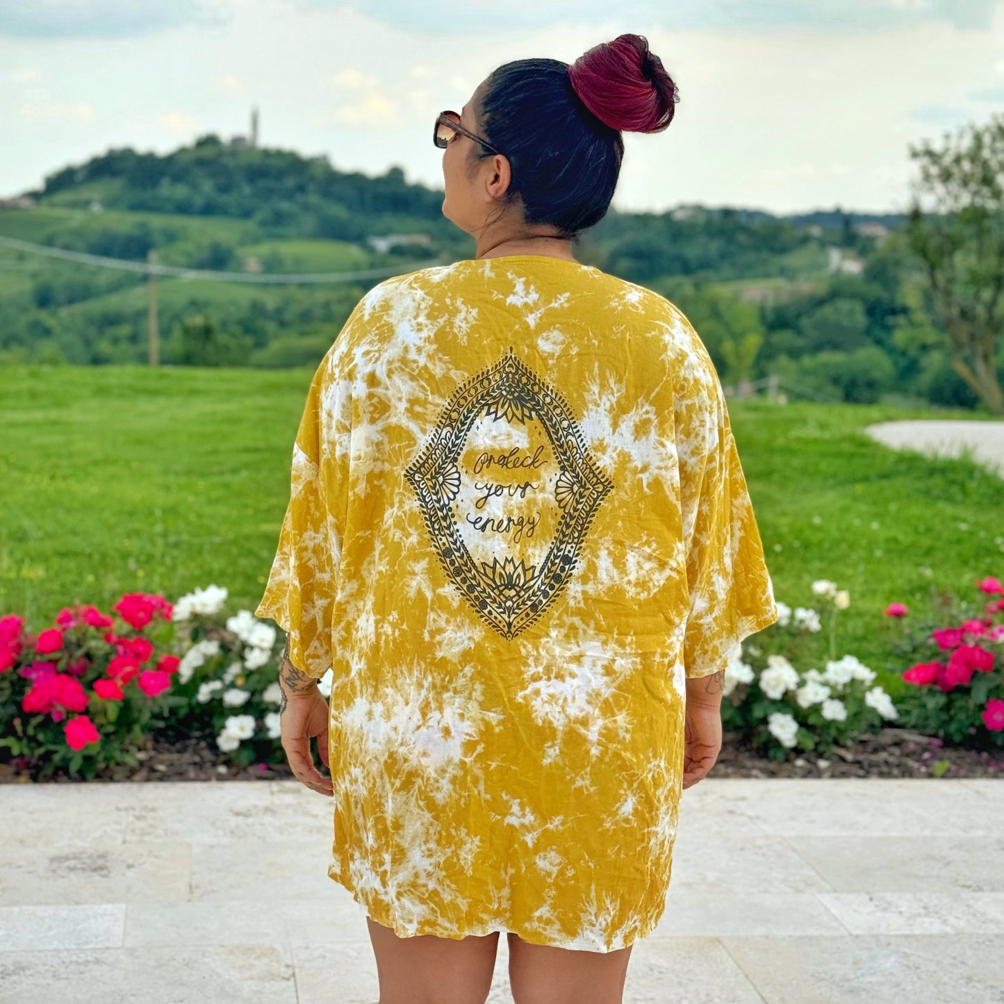 protect your energy tie dye kimono top