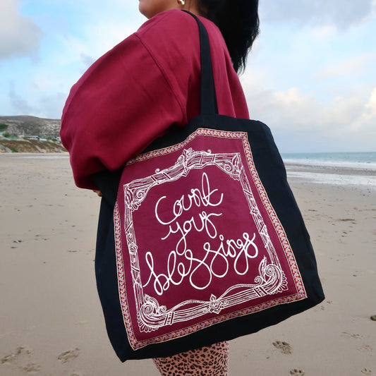 count your blessings tote bag - burgundy