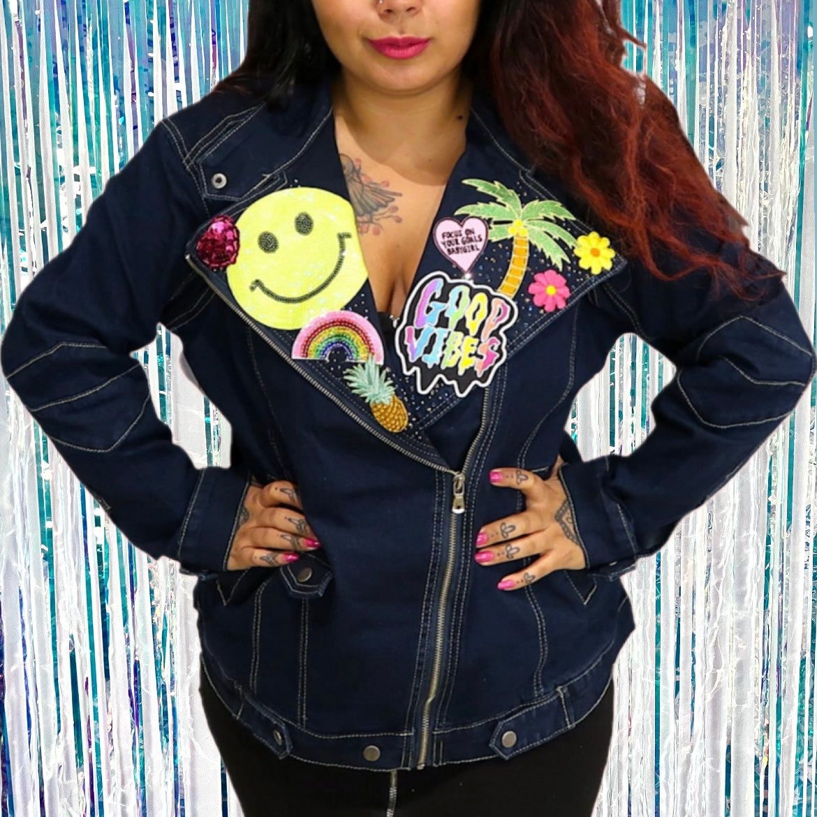 the 'tropical paradise' denim biker jacket