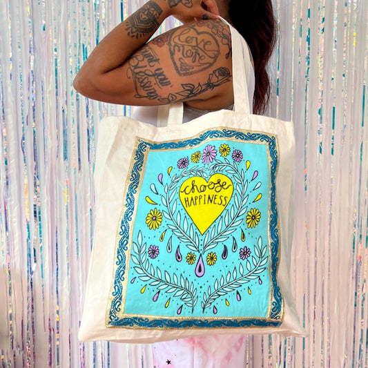 choose happiness tote bag - aqua