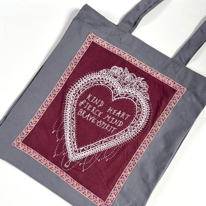 kind heart, fierce mind, brave spirit tote bag - burgundy