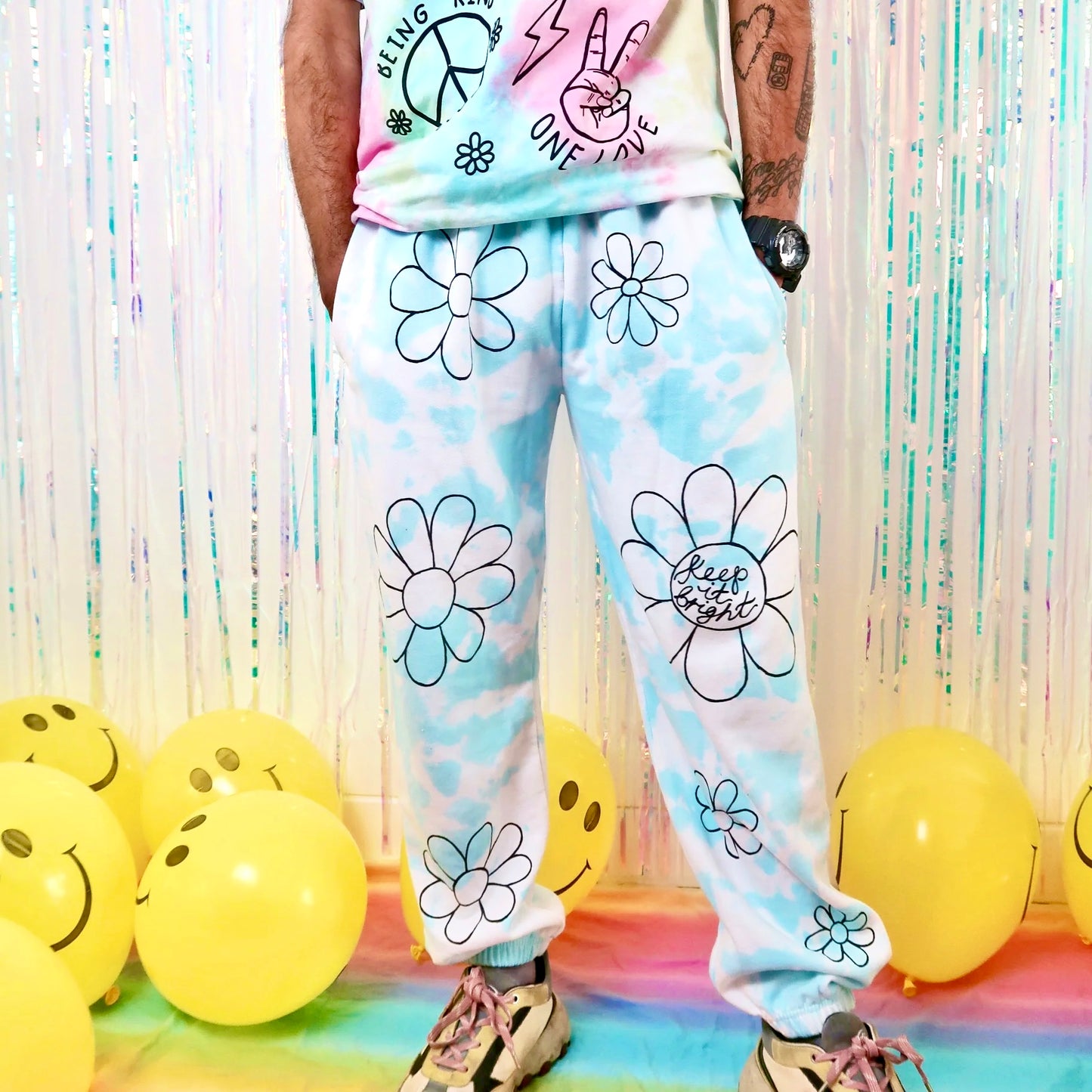 hippie heart tie dye lounge pants - blue