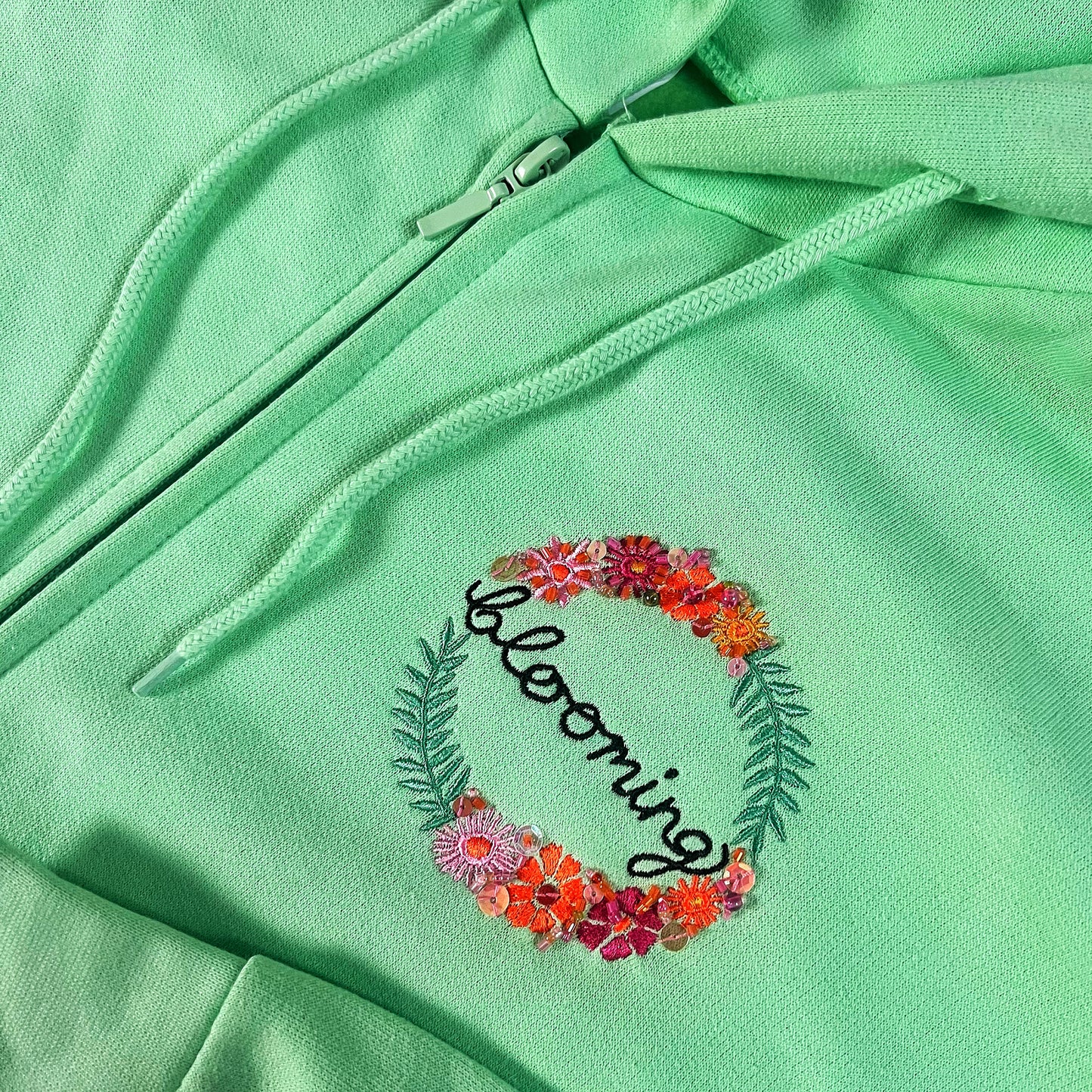blooming hand-embellished zip-up hoodie - mint