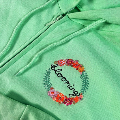 blooming hand-embellished zip-up hoodie - mint