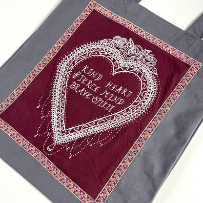 kind heart, fierce mind, brave spirit tote bag - burgundy