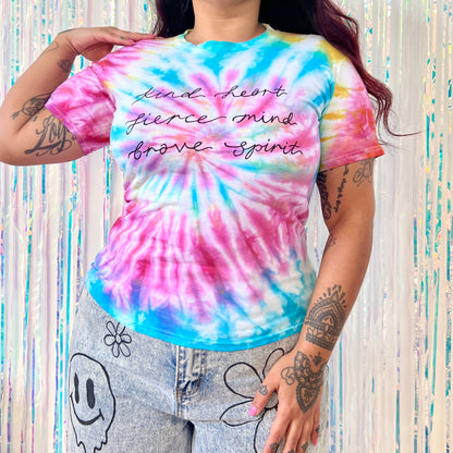 kind heart, fierce mind, brave spirit tie-dye t-shirt