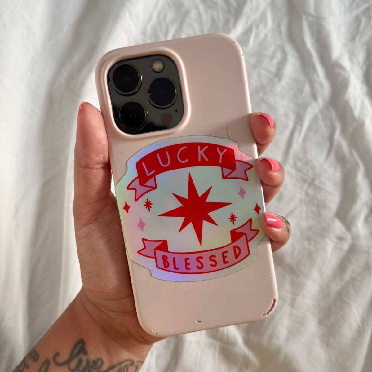 lucky & blessed holographic sticker