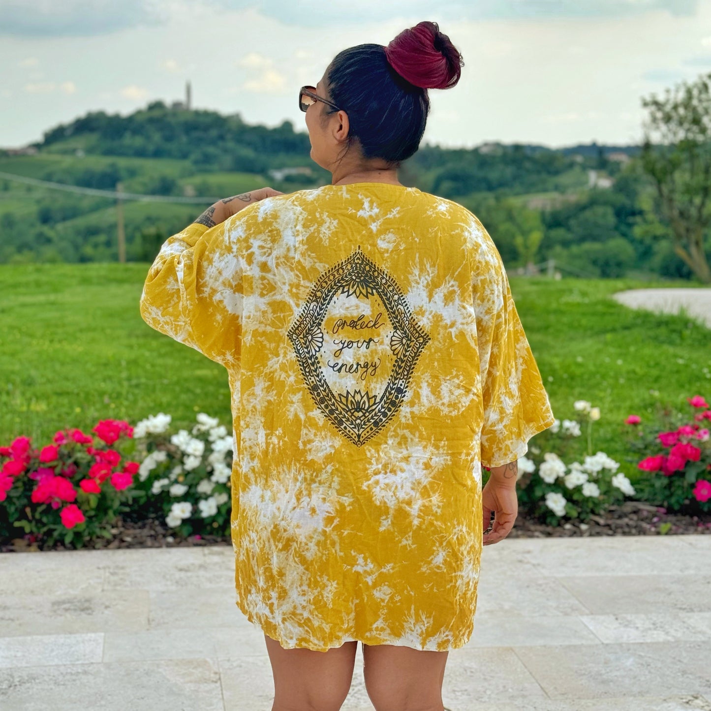 protect your energy tie dye kimono top