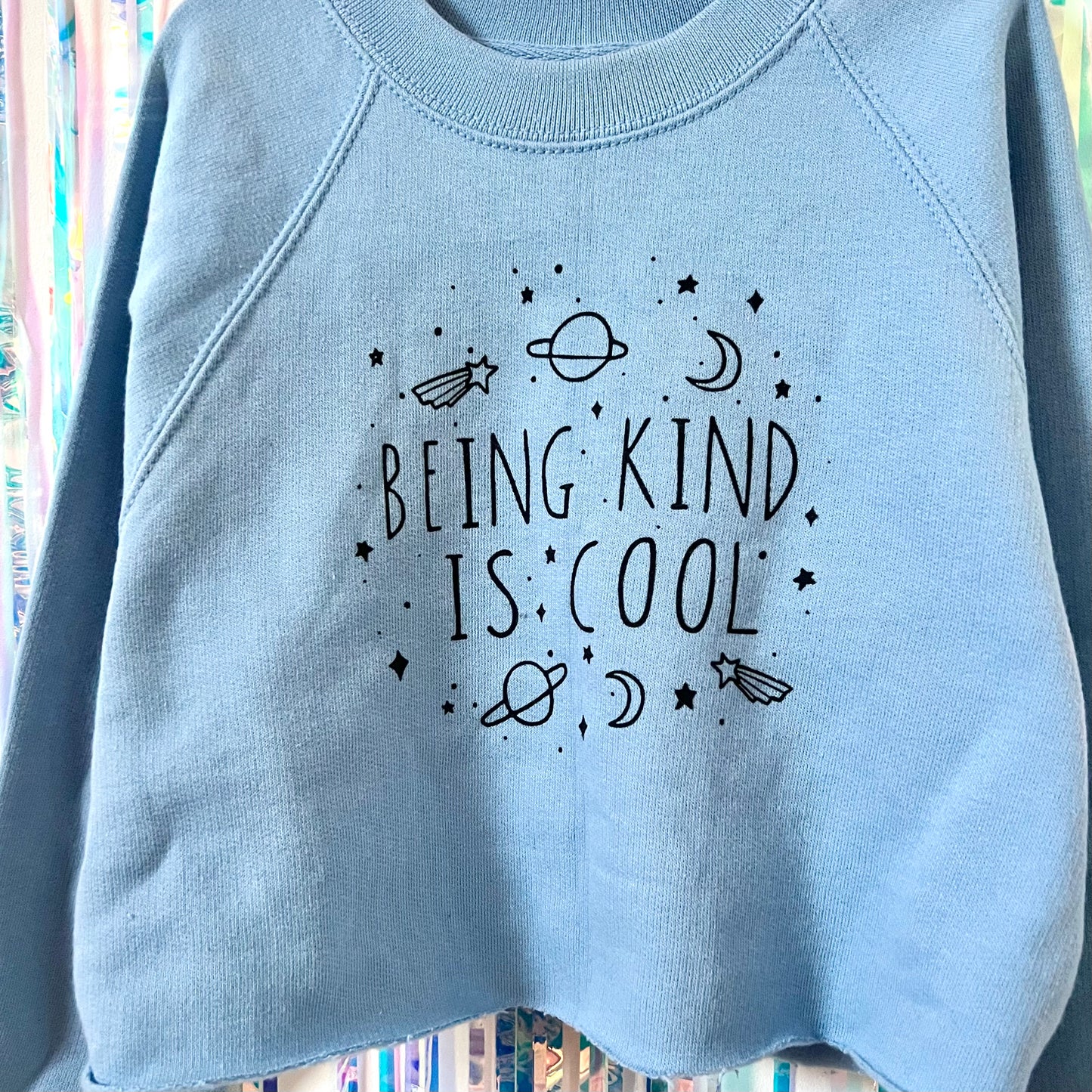kids being kind is cool crop sweatshirt - blue