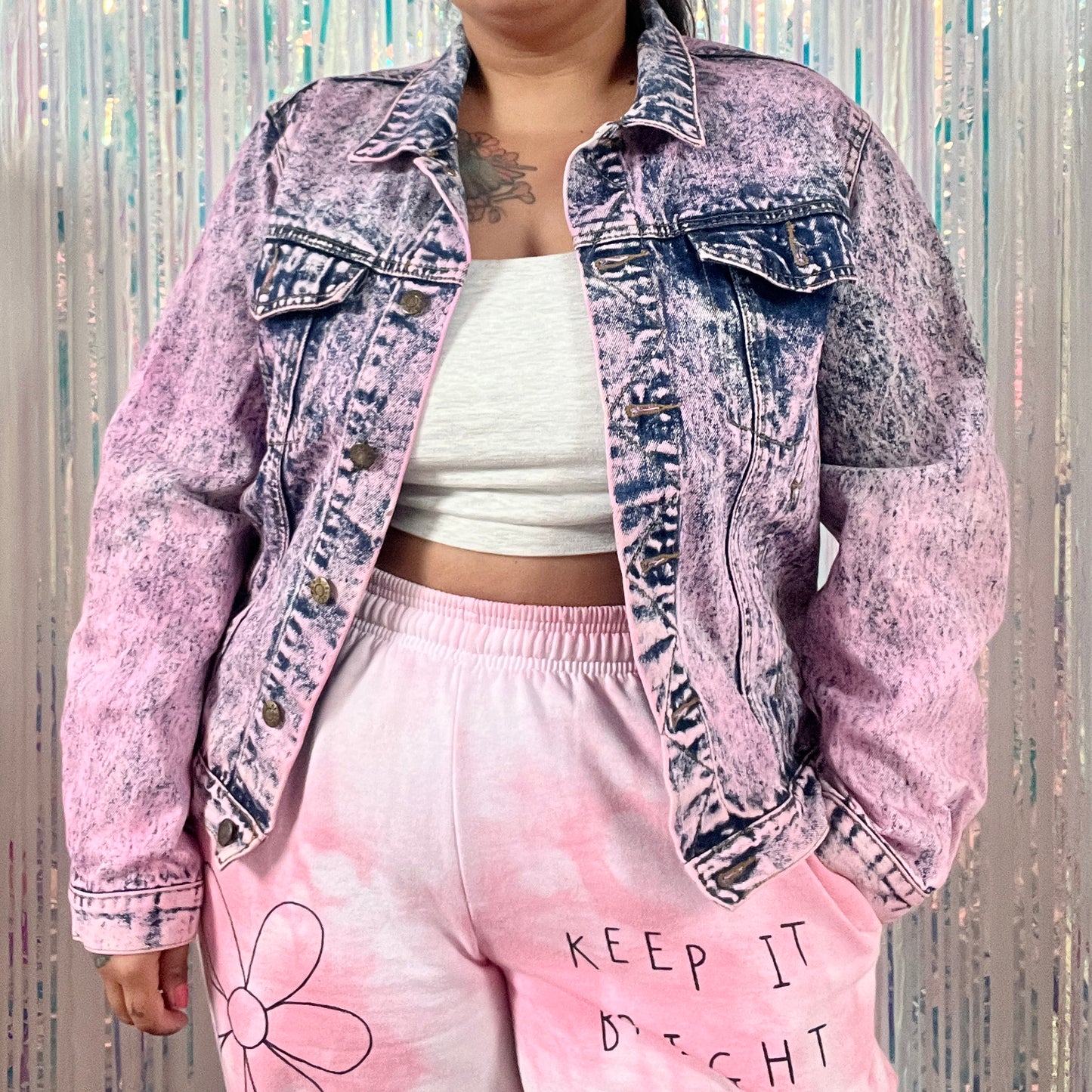 keep it bright pink acid wash denim jacket