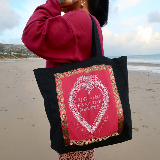 kind heart, fierce mind, brave spirit tote bag - red