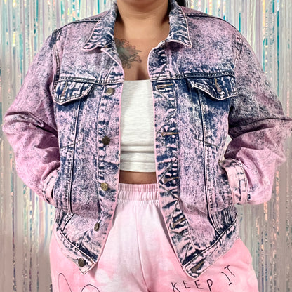 keep it bright pink acid wash denim jacket
