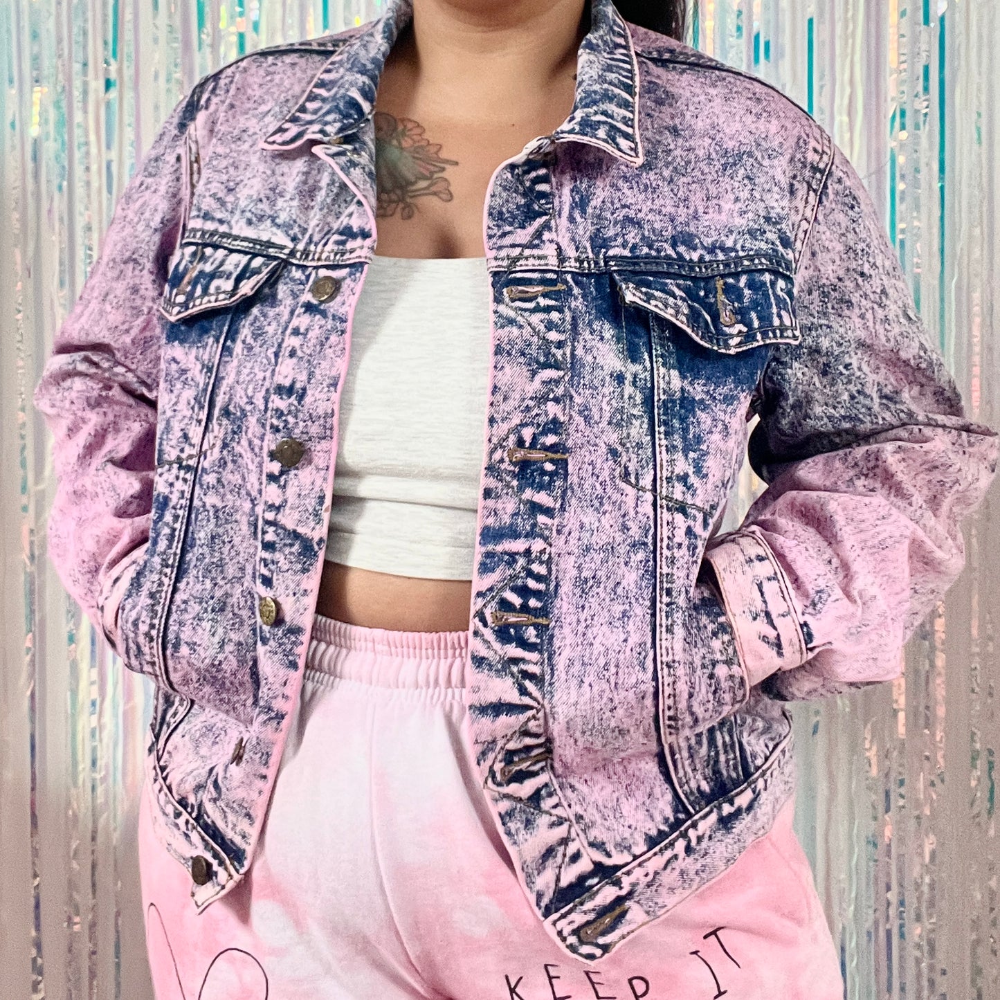 keep it bright pink acid wash denim jacket