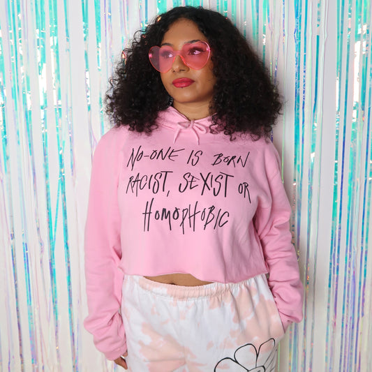 hate is taught cropped hoodie - baby pink