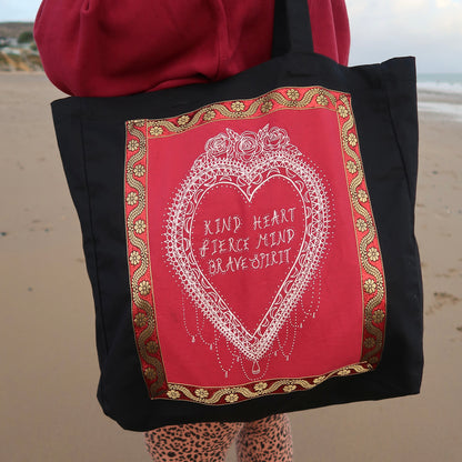 kind heart, fierce mind, brave spirit tote bag - red