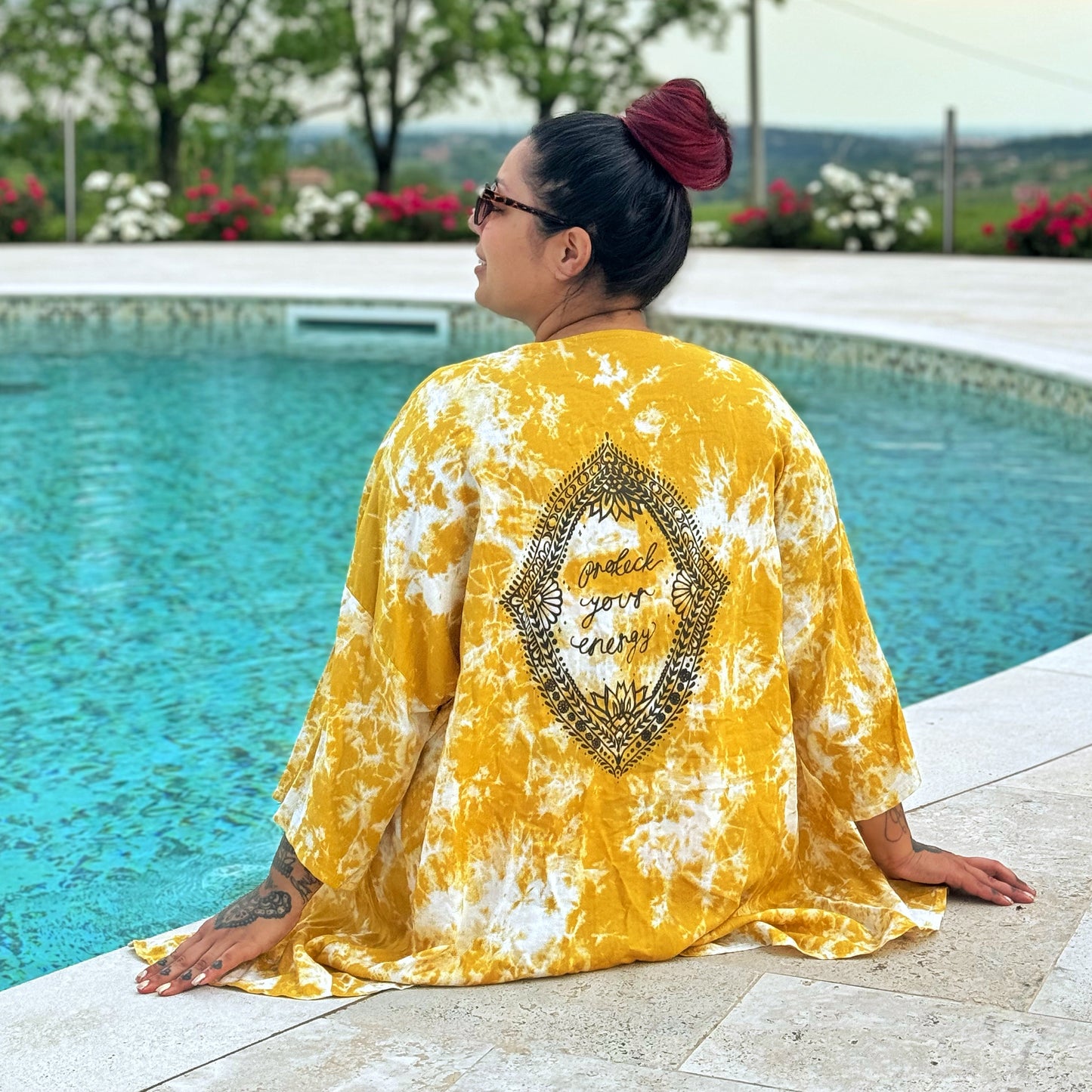 protect your energy tie dye kimono top