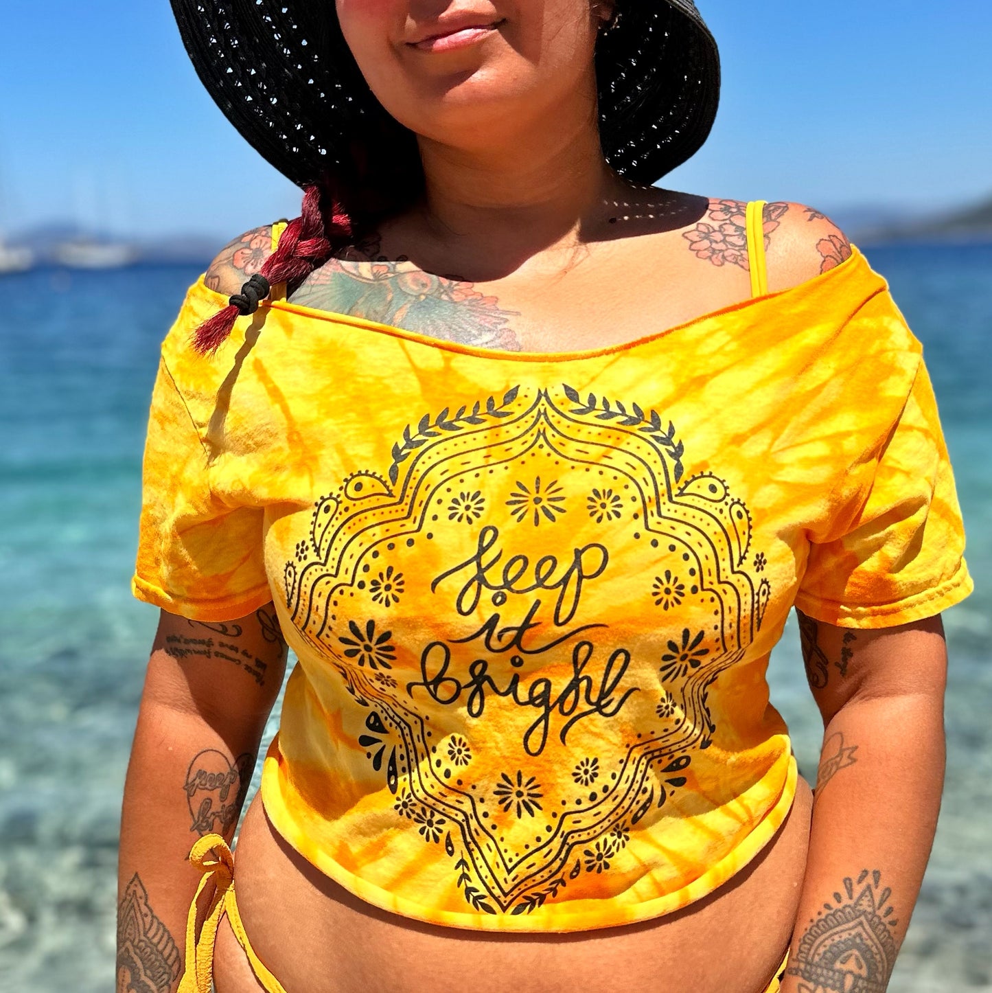 keep it bright tie-dye off shoulder crop top