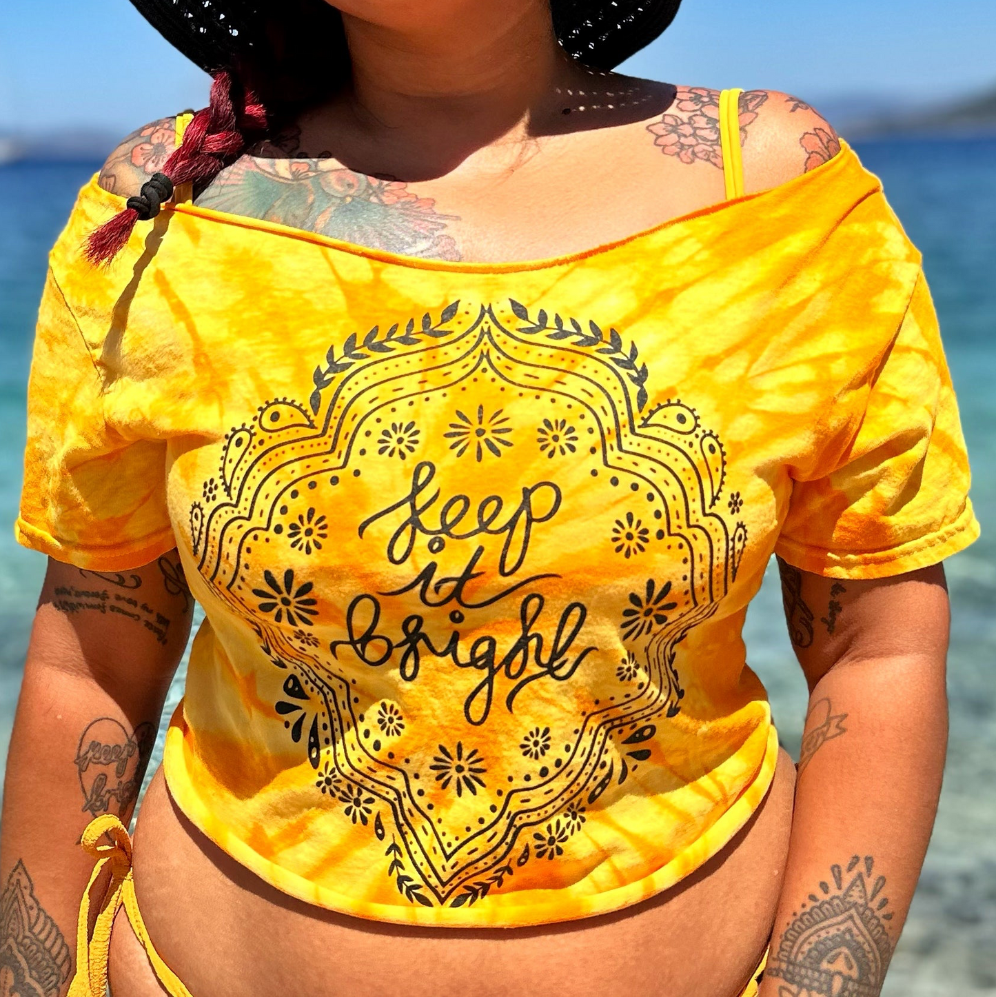keep it bright tie-dye off shoulder crop top