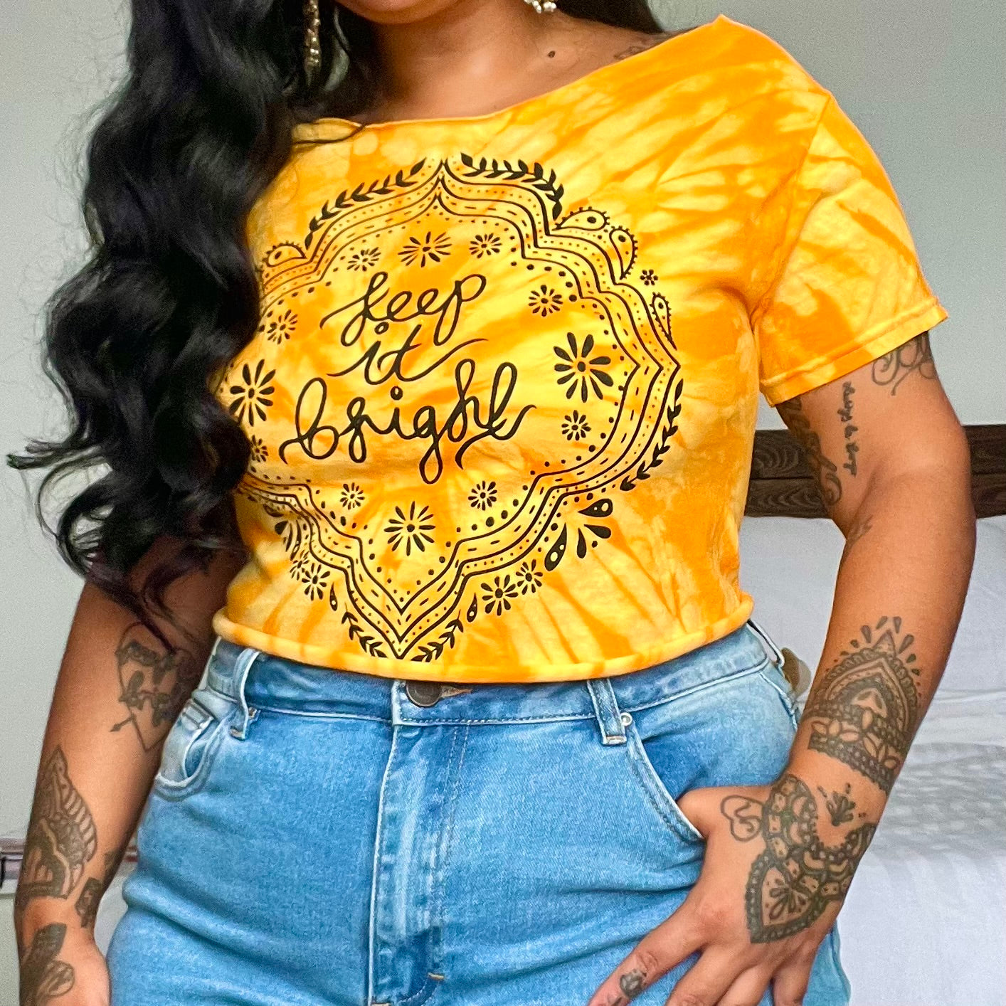 keep it bright tie-dye off shoulder crop top