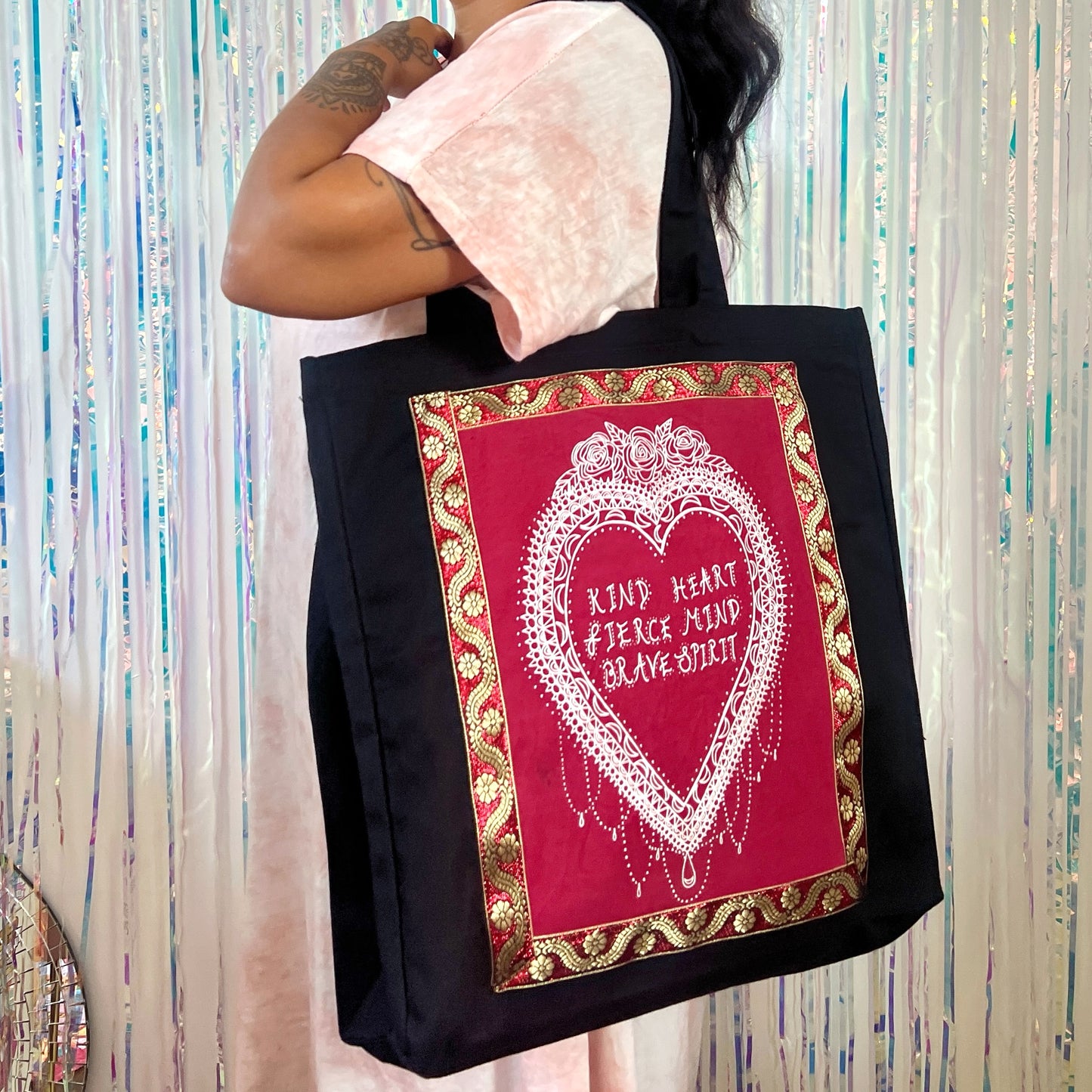 kind heart, fierce mind, brave spirit tote bag - red