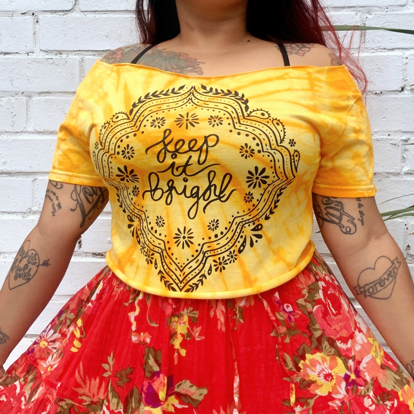 keep it bright tie-dye off shoulder crop top