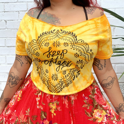 keep it bright tie-dye off shoulder crop top