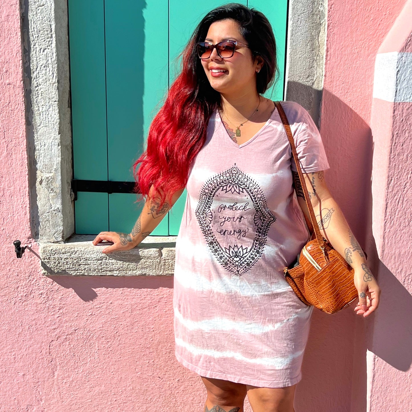 protect your energy tie dye dress - dusky pink