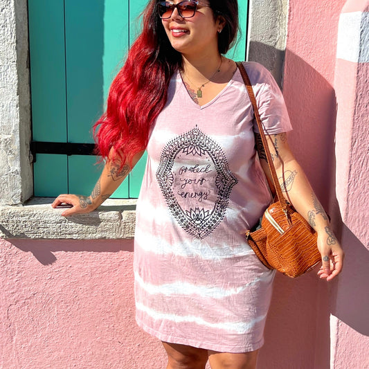 protect your energy tie dye dress - dusky pink